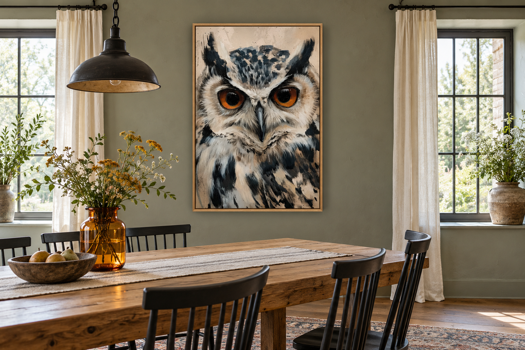 Owl Framed Canvas Wall Art featuring a majestic owl with piercing eyes in a rustic dining room.