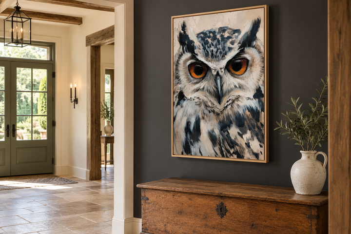 Owl Framed Canvas Wall Art featuring a detailed owl painting above a rustic wooden chest.