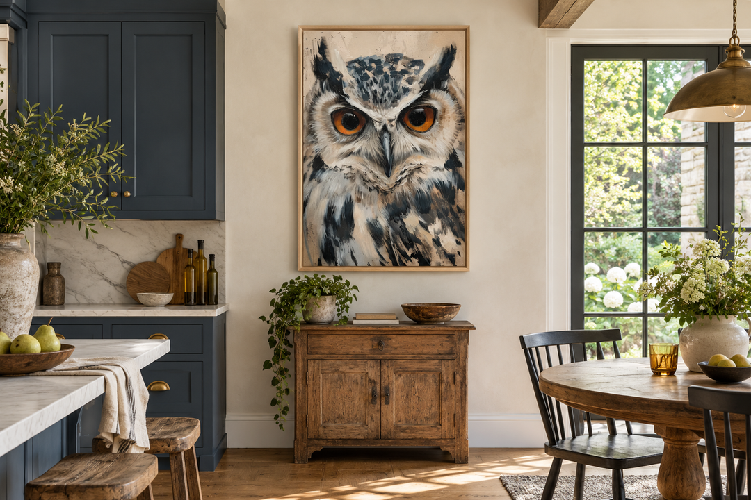 Owl Framed Canvas Wall Art featuring a majestic owl with orange eyes in a rustic kitchen setting.