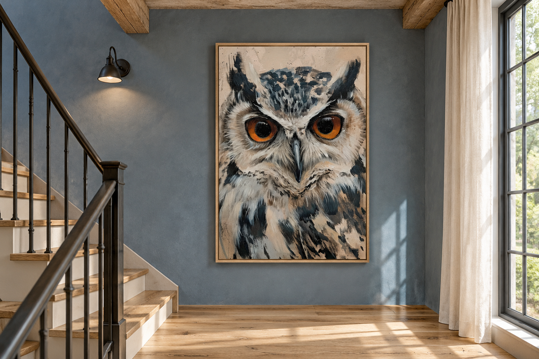 Large framed owl canvas wall art with orange eyes hanging on a blue wall in a rustic stair landing.
