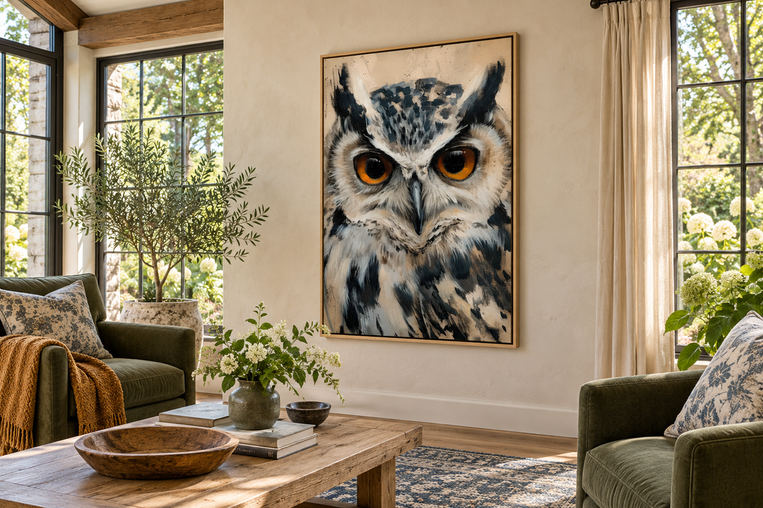 Owl Framed Canvas Wall Art featuring a majestic owl with piercing orange eyes in a rustic room.