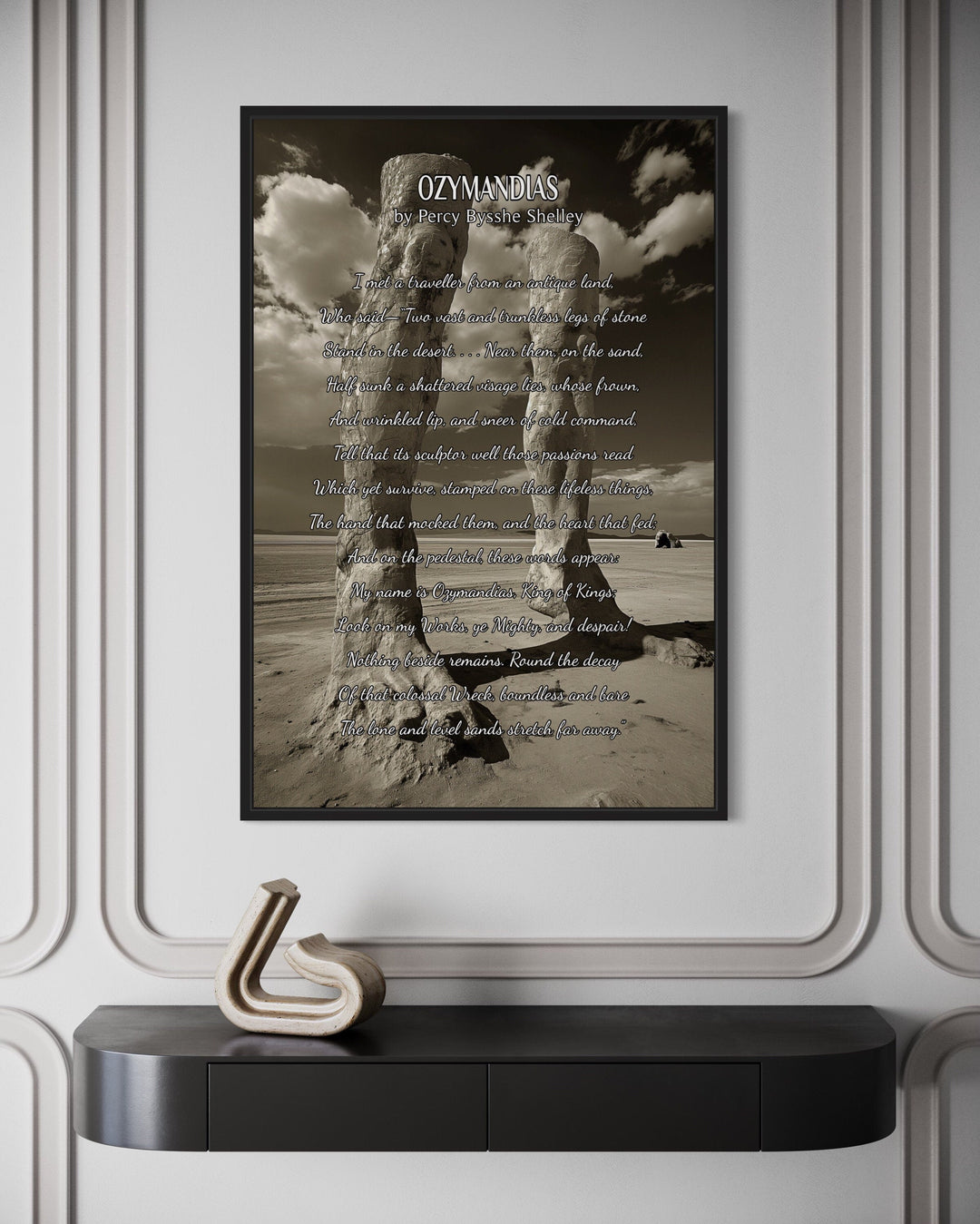 Framed canvas art print of Percy Shelley's Ozymandias poem with a desert statue.
