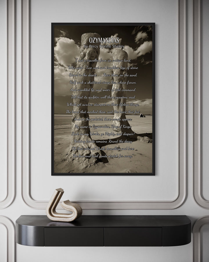 Framed canvas art print of Percy Shelley's Ozymandias poem with a desert statue.