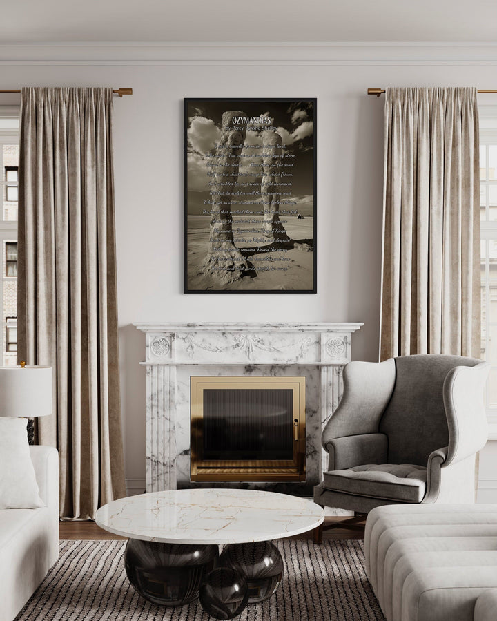 Framed canvas wall art featuring the Ozymandias poem and a desert statue.