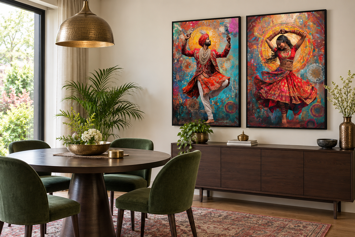 Two framed canvas prints of an Indian man and woman dancing in vibrant, colorful traditional attire.