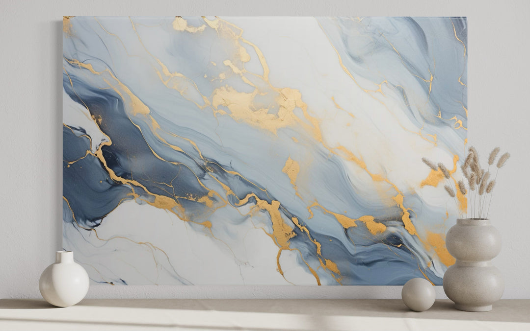 Pale Blue Grey Gold Abstract Marble Canvas Wall Art For Bedroom Or Living Room