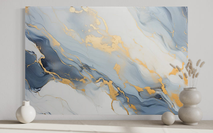 Pale Blue Grey Gold Abstract Marble Canvas Wall Art For Bedroom Or Living Room