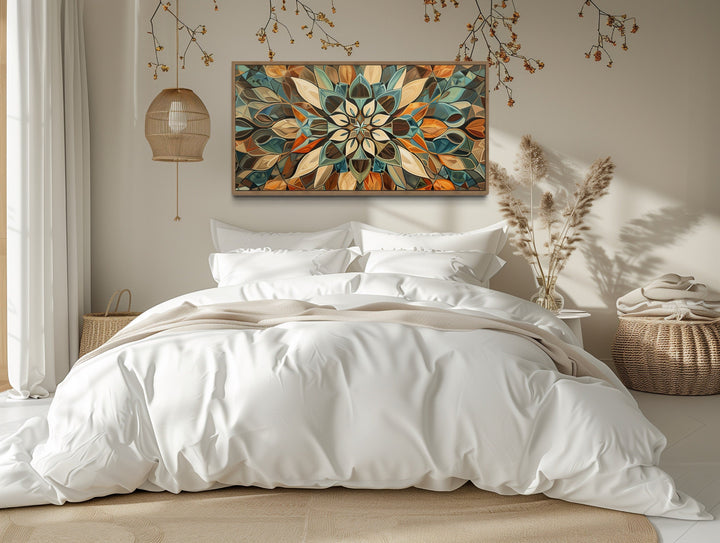 Pale Green Blue Beige Orange Earth Tones Mandala Framed Canvas Wall Art