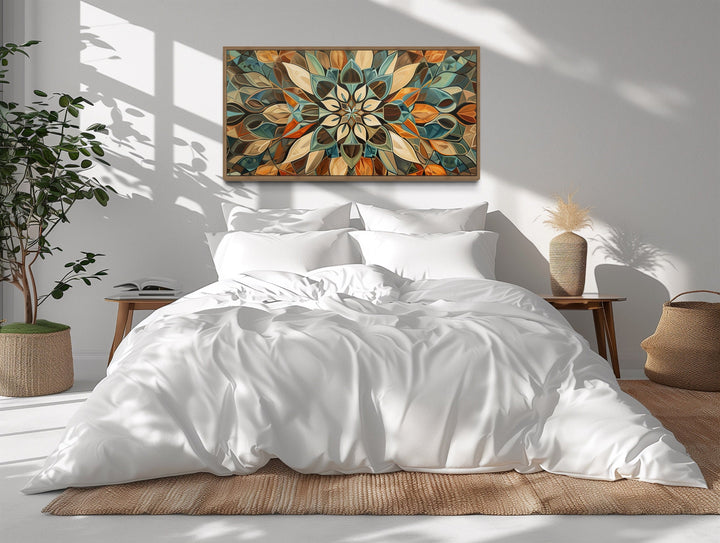 Pale Green Blue Beige Orange Earth Tones Mandala Framed Canvas Wall Art