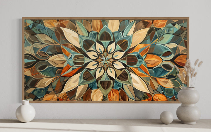 Pale Green Blue Beige Orange Earth Tones Mandala Framed Canvas Wall Art