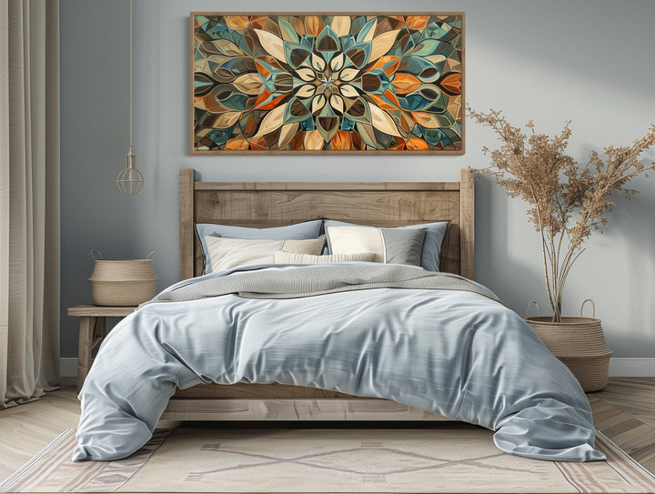 Pale Green Blue Beige Orange Earth Tones Mandala Framed Canvas Wall Art