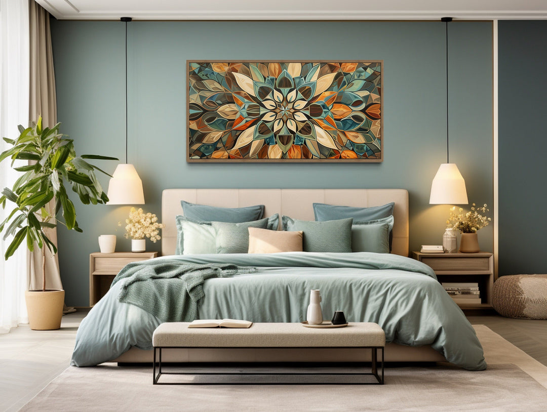 Pale Green Blue Beige Orange Earth Tones Mandala Framed Canvas Wall Art above bed