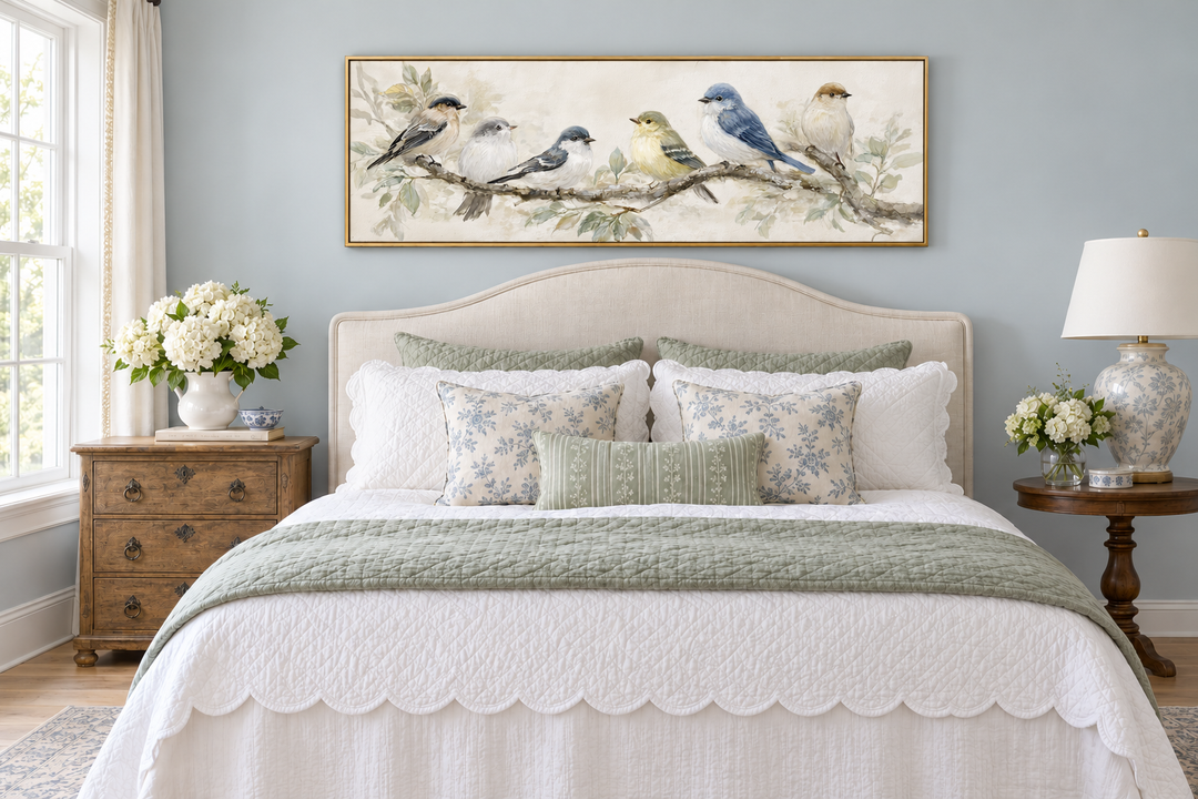 Oiseaux sur une branche - Tableau panoramique horizontal sur toile, tons neutres, nature