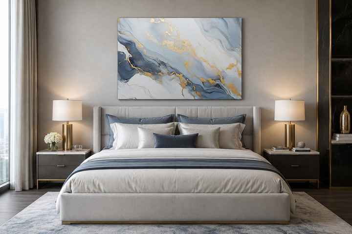 Abstract marble canvas wall art with pale blue, grey, and gold accents above a modern bed.