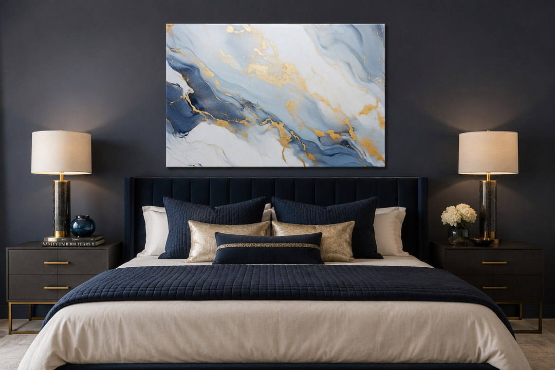 Abstract marble canvas wall art with pale blue, grey, and gold tones hanging above a navy bed.