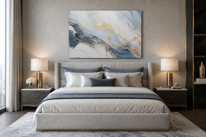 Pale blue, grey, and gold abstract marble canvas wall art hanging above a bed in a modern bedroom.