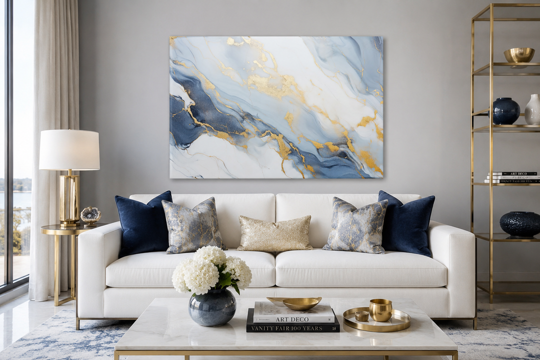 Pale blue, grey, and gold abstract marble canvas wall art hanging above a white sofa.