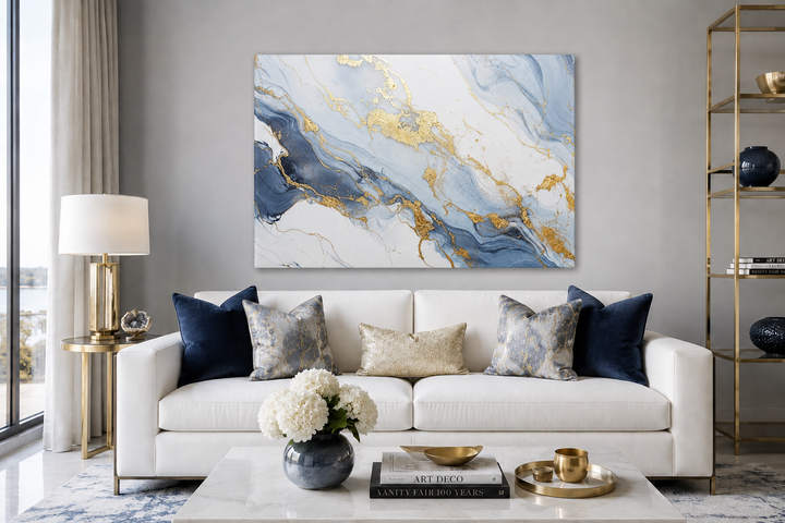 Abstract marble canvas wall art with pale blue, grey, and gold patterns above a white sofa.