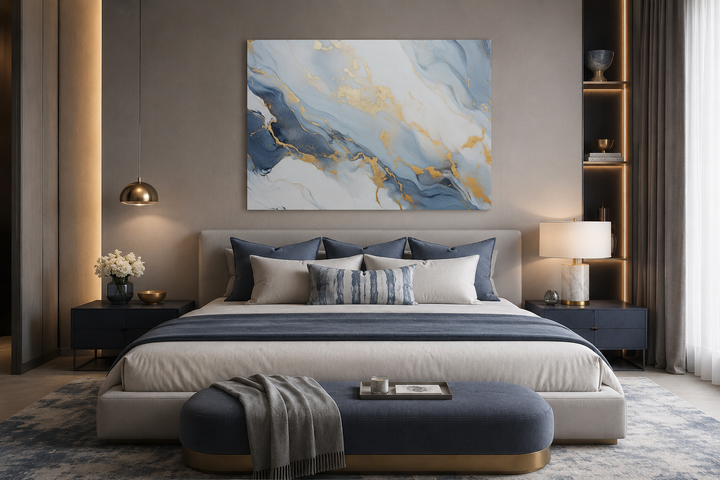 Abstract marble canvas wall art in pale blue, grey, and gold hanging above a bed in a bedroom.