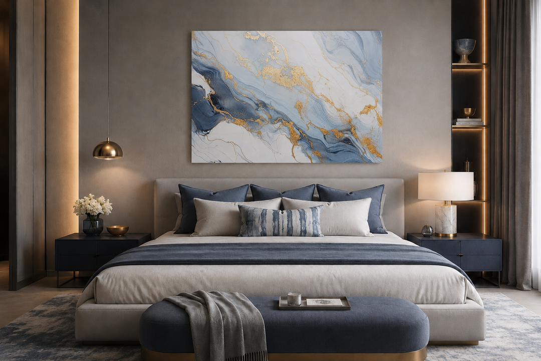 Pale blue, grey, and gold abstract marble canvas wall art hanging above a bed in a modern bedroom.