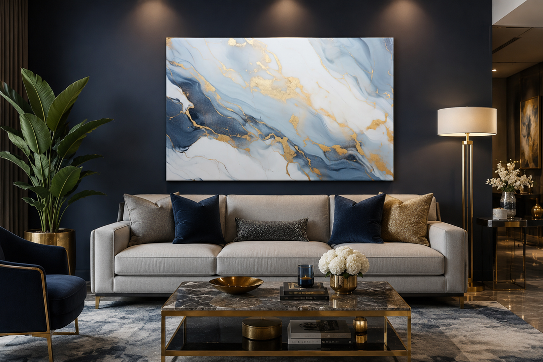 Pale blue, grey, and gold abstract marble canvas wall art hanging above a sofa in a living room.