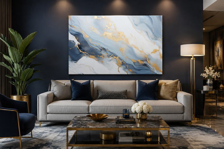 Pale blue, grey, and gold abstract marble canvas wall art hanging above a sofa in a living room.