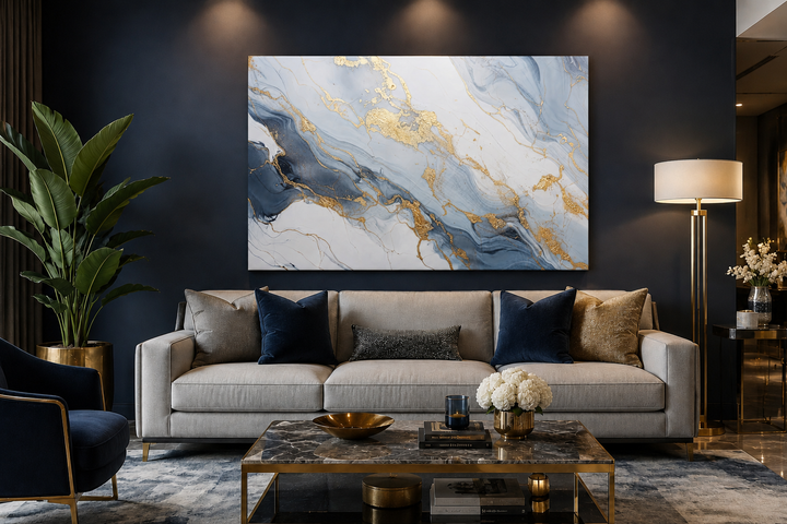 Large abstract marble canvas wall art in pale blue, grey, and gold above a sofa in a living room.