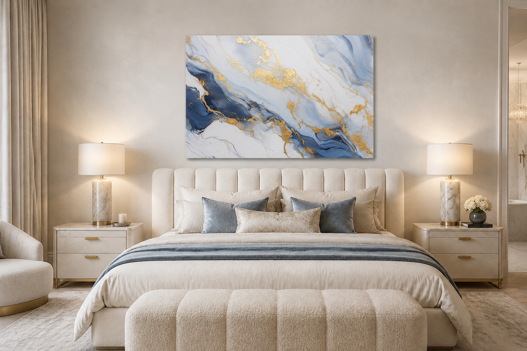 Pale blue, grey, and gold abstract marble canvas wall art hanging above a bed in a bedroom.