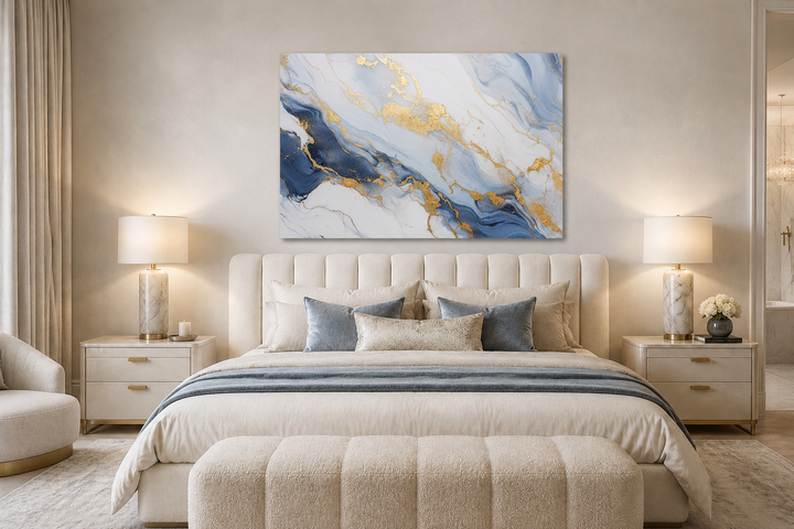 Pale blue, grey, and gold abstract marble canvas wall art hanging above a bed in a bedroom.