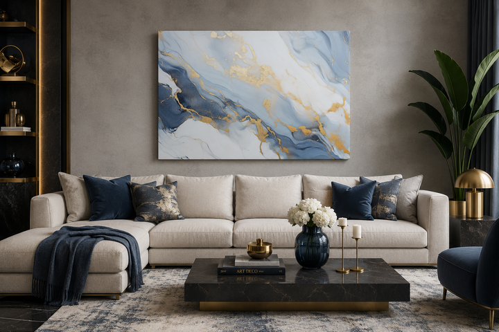 Pale blue, grey, and gold abstract marble canvas wall art hanging above a modern sofa.