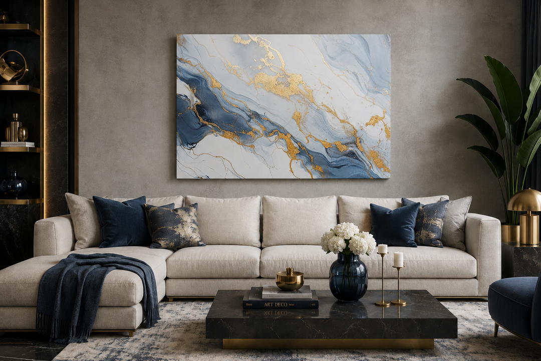 Abstract marble canvas wall art with pale blue, grey, and gold veins above a cream sofa.