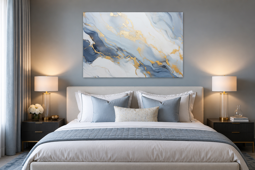 Abstract marble canvas wall art with pale blue, grey, and gold patterns hanging above a bed.