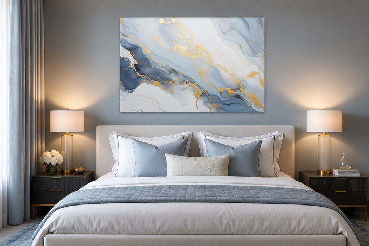 Abstract marble canvas wall art with pale blue, grey, and gold patterns hanging above a bed.