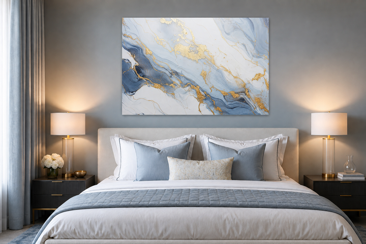 Abstract marble canvas wall art in pale blue, grey, and gold hanging above a bed in a bedroom.