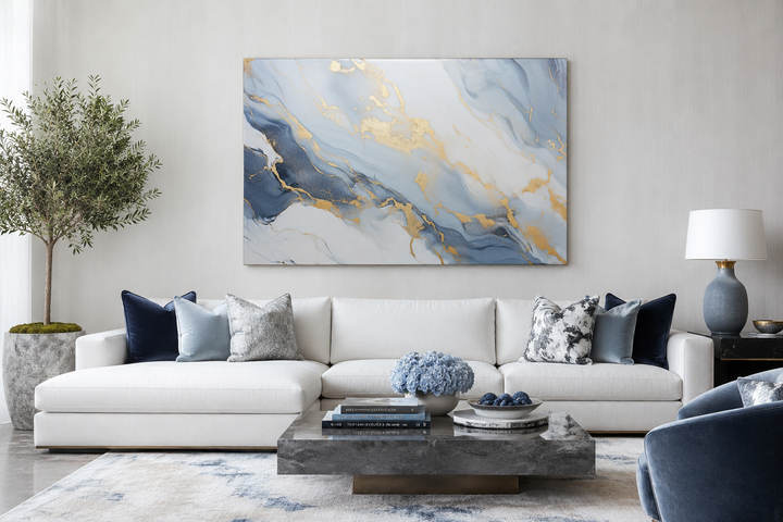 Large abstract marble canvas wall art with pale blue, grey, and gold accents above a white sofa.