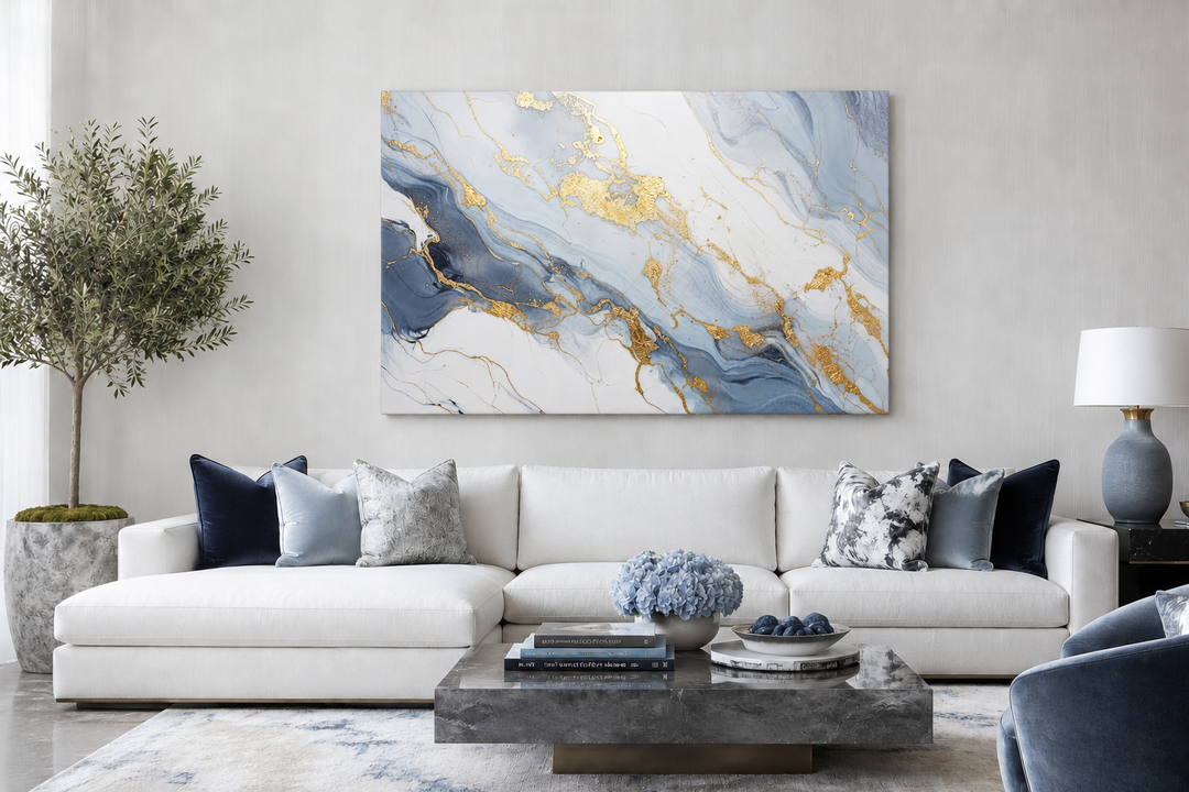 Large abstract marble canvas wall art in pale blue, grey, and gold above a white sectional sofa.