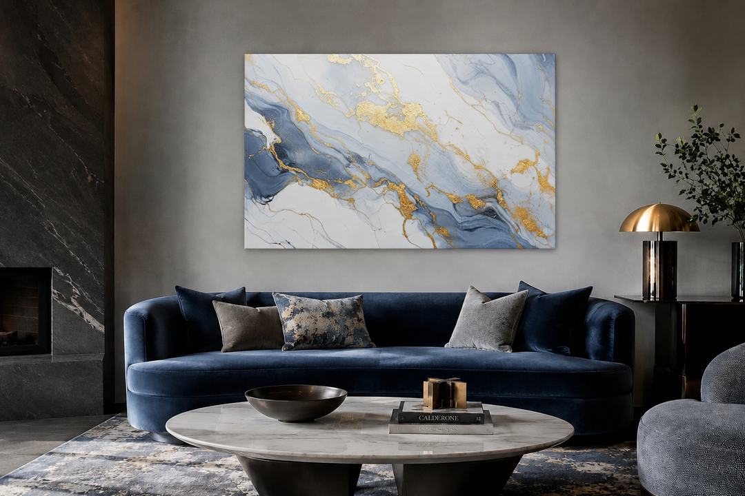 Abstract marble canvas wall art with pale blue, grey, and gold patterns above a navy velvet sofa.