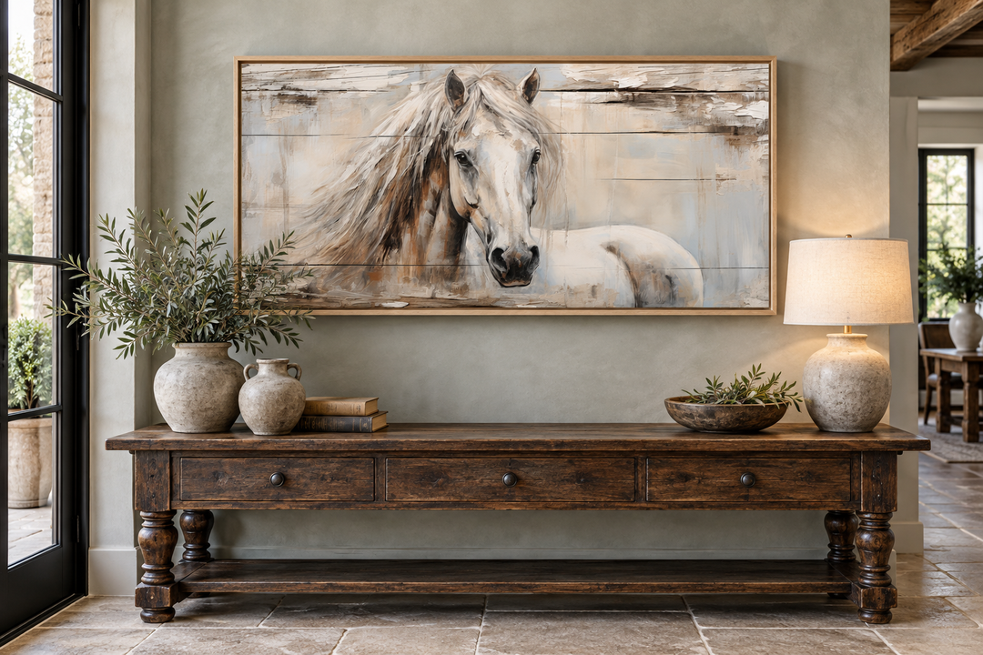 Rustic white horse painting on distressed wood framed canvas above a dark wood console table.