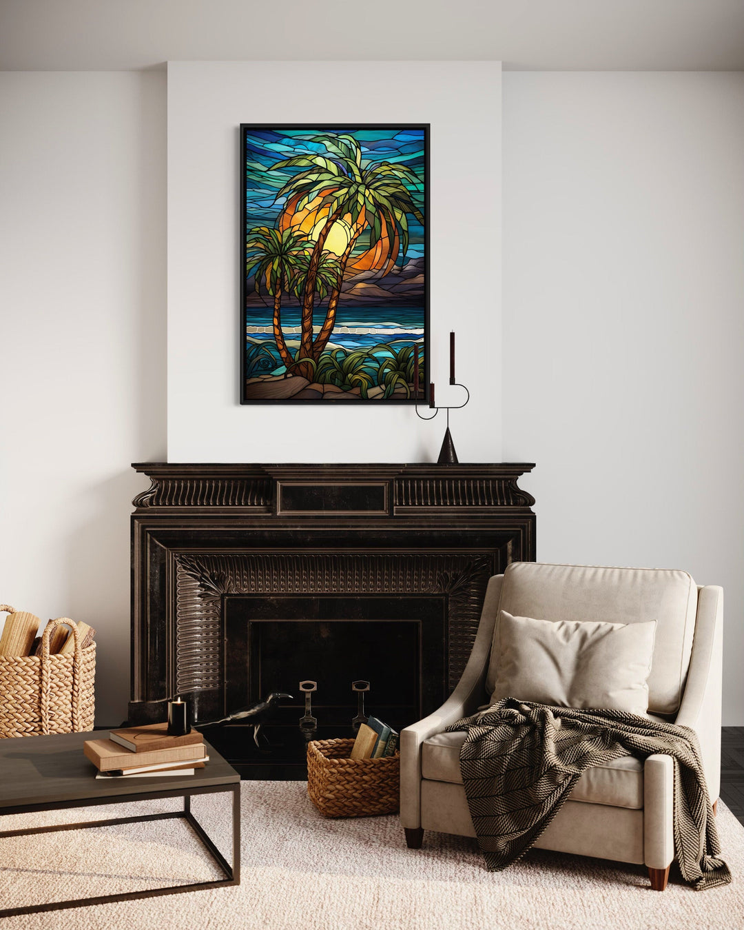 Palm Tree On The Beach Stained Glass Style Framed Canvas Wall Art