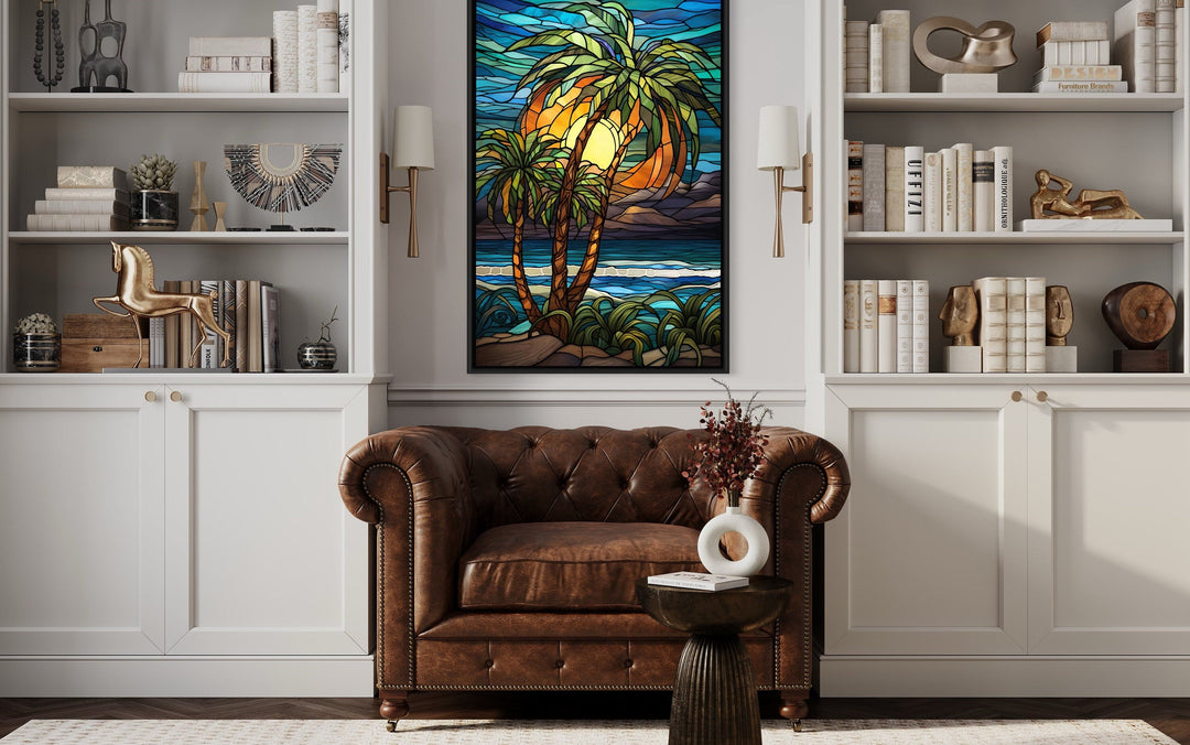 Palm Tree On The Beach Stained Glass Style Framed Canvas Wall Art