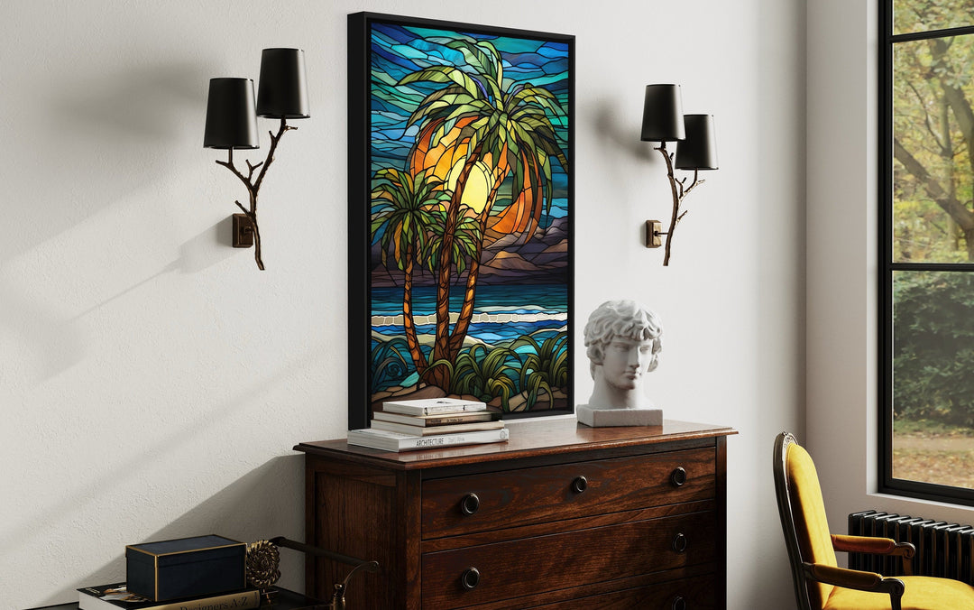 Palm Tree On The Beach Stained Glass Style Framed Canvas Wall Art