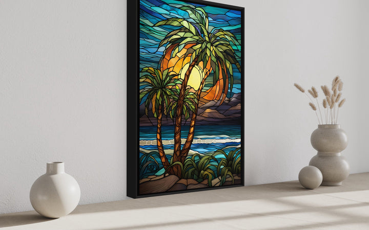 Palm Tree On The Beach Stained Glass Style Framed Canvas Wall Art