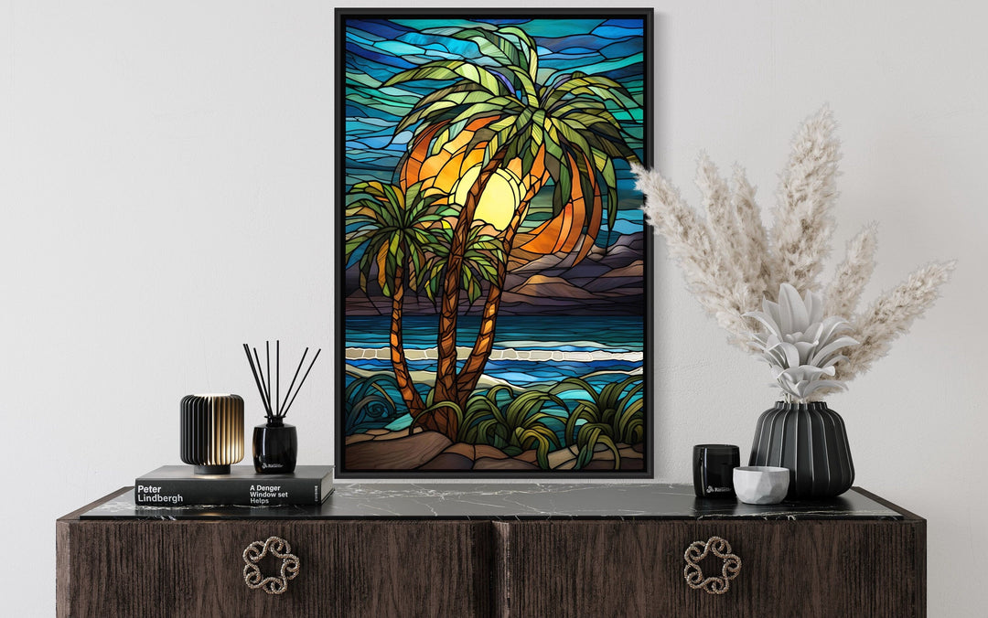 Palm Tree On The Beach Stained Glass Style Framed Canvas Wall Art