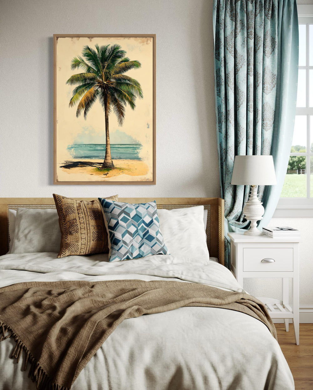 Palm Tree On The Beach Vintage Style Framed Canvas Wall Art