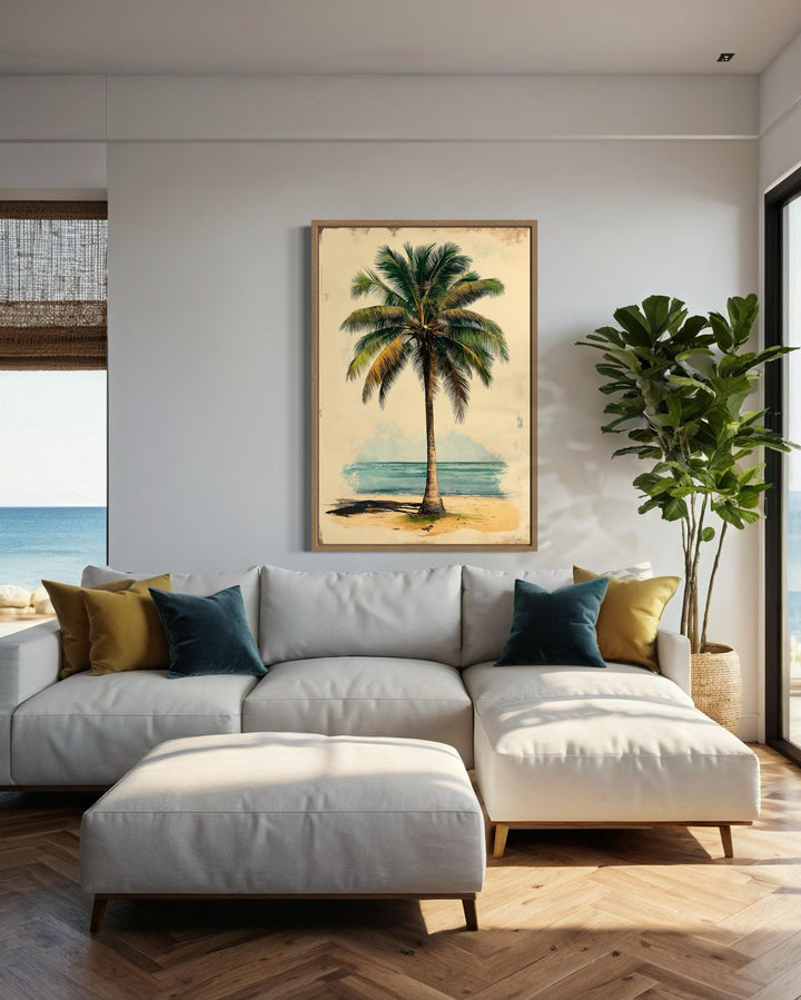 Palm Tree On The Beach Vintage Style Framed Canvas Wall Art