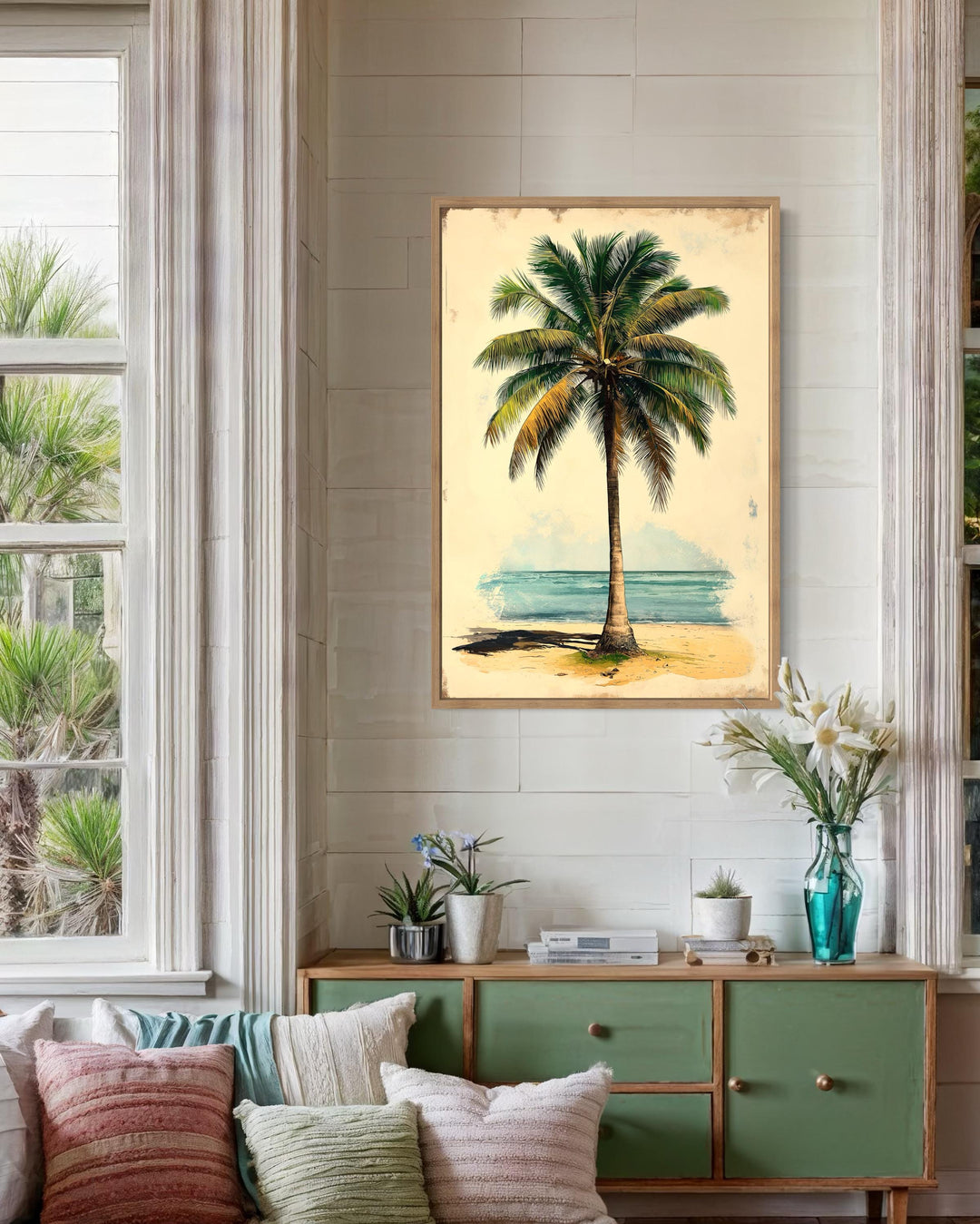 Palm Tree On The Beach Vintage Style Framed Canvas Wall Art