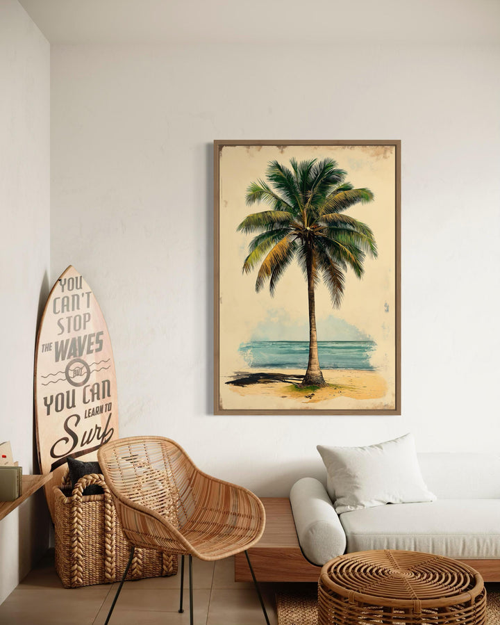 Palm Tree On The Beach Vintage Style Framed Canvas Wall Art