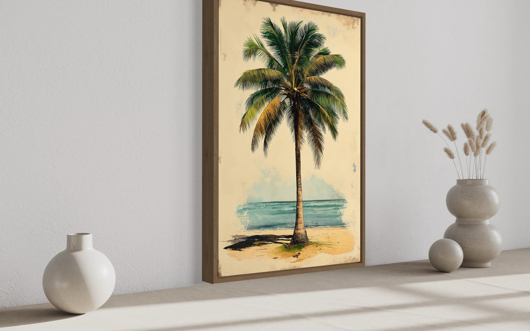 Palm Tree On The Beach Vintage Style Framed Canvas Wall Art