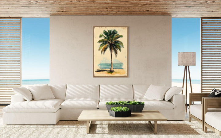 Palm Tree On The Beach Vintage Style Framed Canvas Wall Art