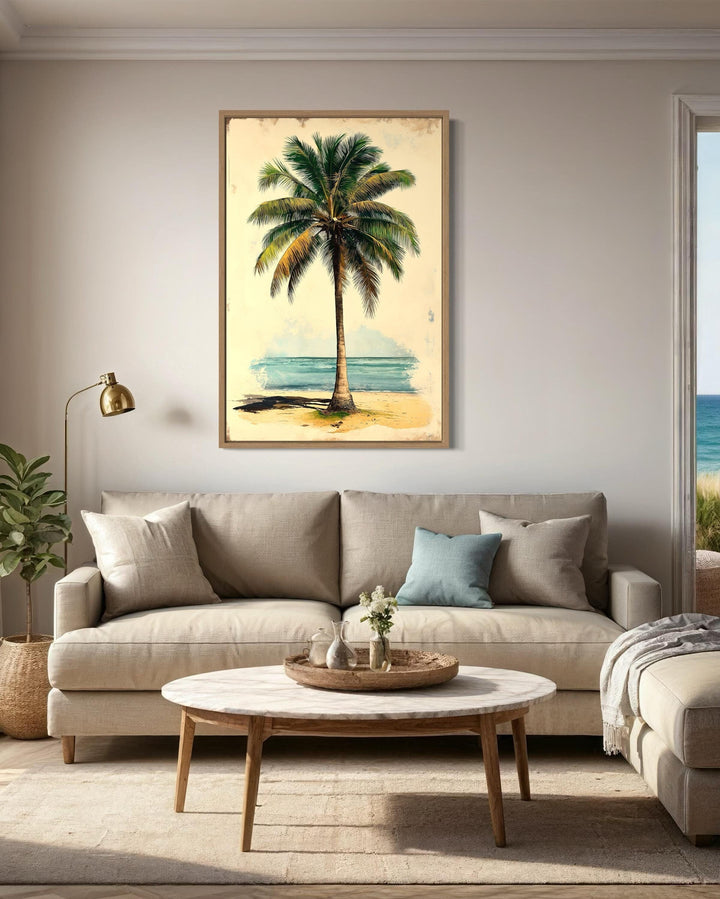 Palm Tree On The Beach Vintage Style Framed Canvas Wall Art